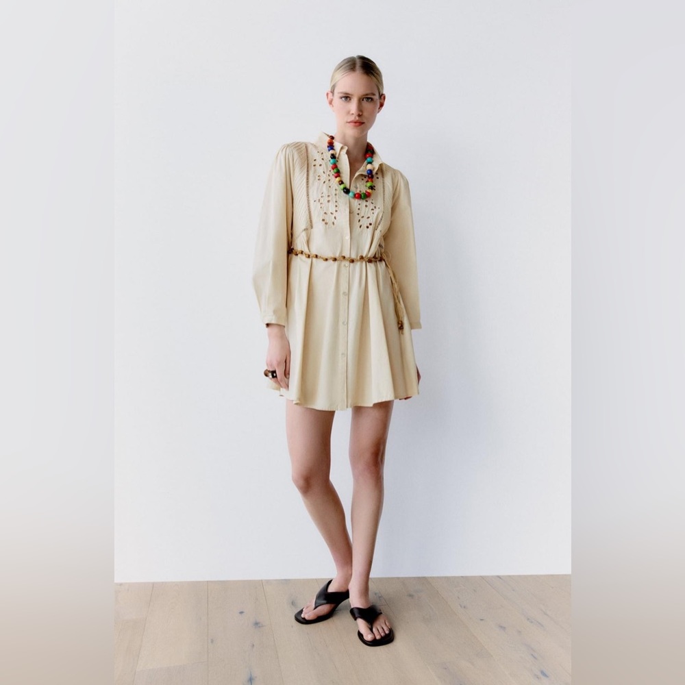 Zara Cream Belted Shirt Dress Beaded Belt NWT